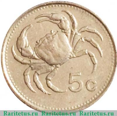 Реверс монеты 5 центов (cents) 1986 года   Мальта