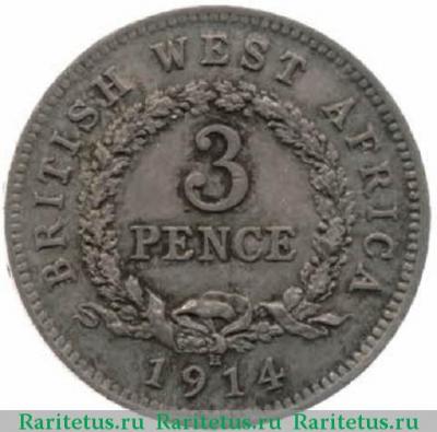 Реверс монеты 3 пенса (pence) 1914 года   Британская Западная Африка