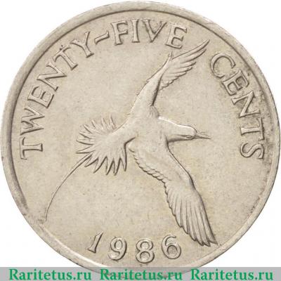 Реверс монеты 25 центов (cents) 1986 года   Бермуды