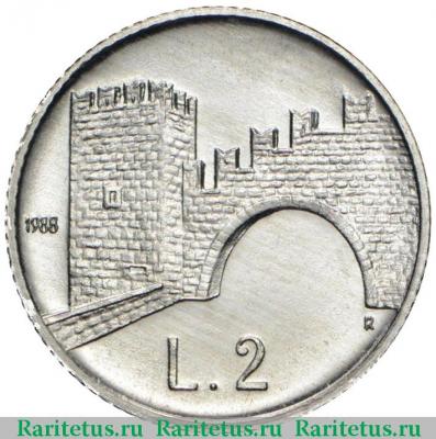 Реверс монеты 2 лиры (lire) 1988 года   Сан-Марино