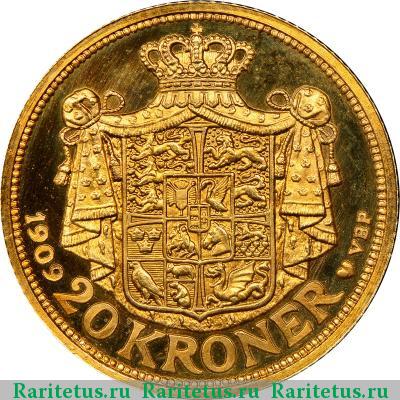 Реверс монеты 20 крон (kroner) 1909 года  