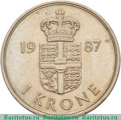 Реверс монеты 1 крона (krone) 1987 года  Дания