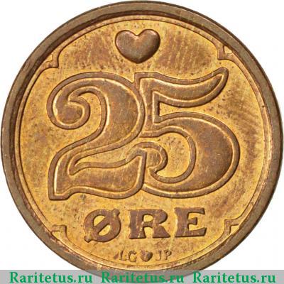 Реверс монеты 25 эре (ore) 1990 года  Дания