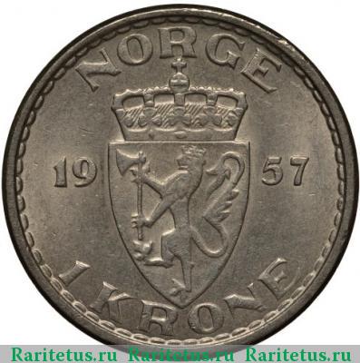 Реверс монеты 1 крона (krone) 1957 года  Норвегия