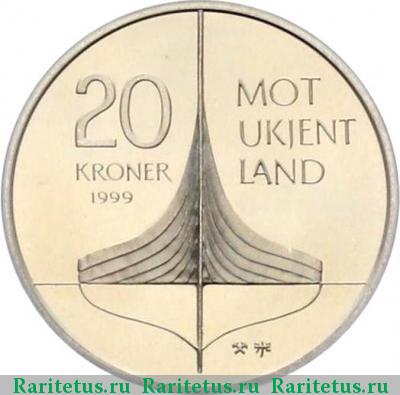 Реверс монеты 20 крон (kroner) 1999 года  Винланд Норвегия