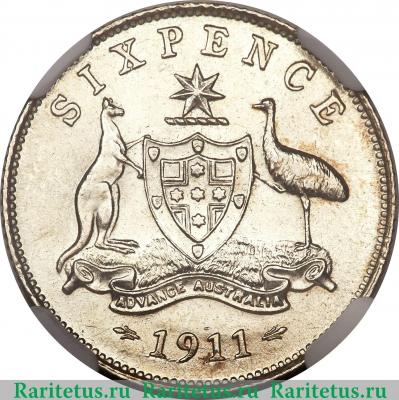 Реверс монеты 6 пенсов (pence) 1911 года   Австралия