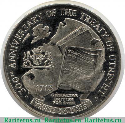Реверс монеты 3 фунта (pounds) 2013 года  Утрехтский договор Гибралтар