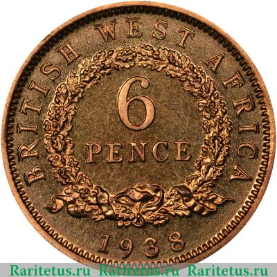 Реверс монеты 6 пенсов (pence) 1938 года   Британская Западная Африка