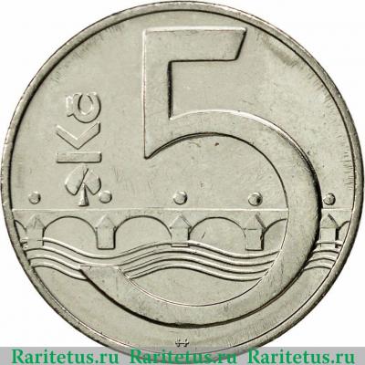 Реверс монеты 5 крон (korun) 1994 года кленовый лист  Чехия