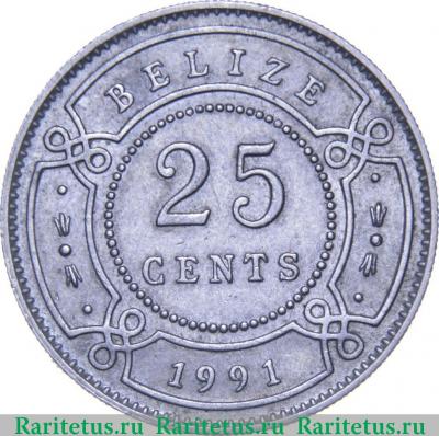 Реверс монеты 25 центов (cents) 1991 года   Белиз