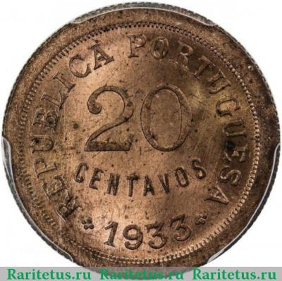 Реверс монеты 20 сентаво (centavos) 1933 года   Гвинея-Бисау