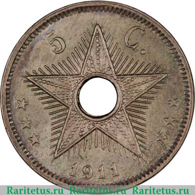 Реверс монеты 5 сантимов (centimes) 1911 года   Бельгийское Конго