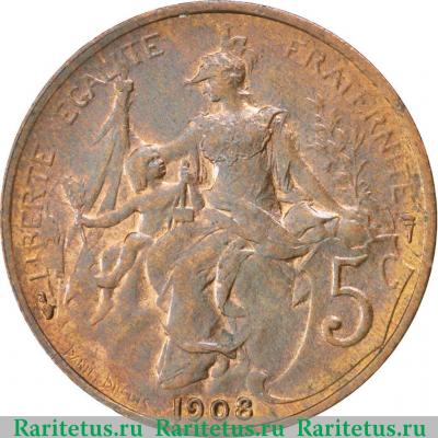Реверс монеты 5 сантимов (centimes) 1908 года   Франция