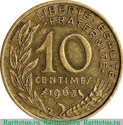 Реверс монеты 10 сантимов (centimes) 1963 года   Франция