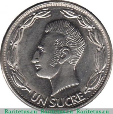 Реверс монеты 1 сукре (sucre) 1975 года   Эквадор