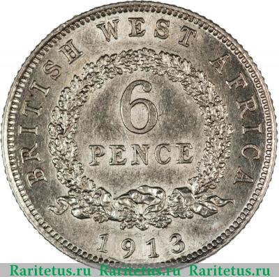 Реверс монеты 6 пенсов (pence) 1913 года   Британская Западная Африка