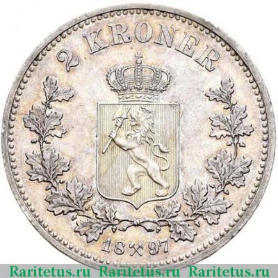 Реверс монеты 2 кроны (kroner) 1897 года   Норвегия