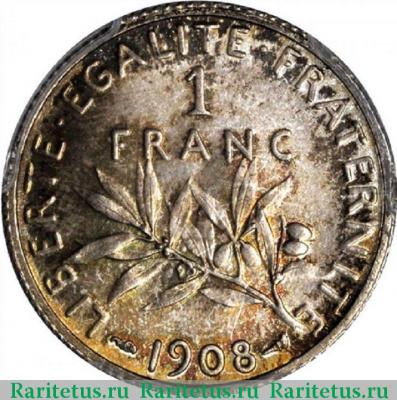 Реверс монеты 1 франк (franc) 1908 года   Франция