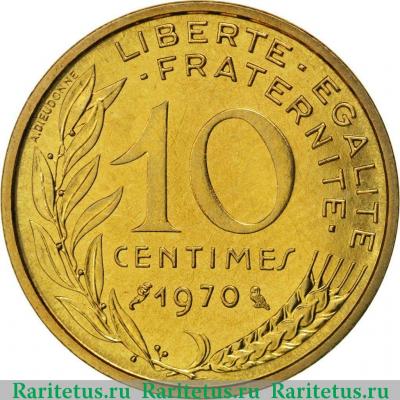 Реверс монеты 10 сантимов (centimes) 1970 года   Франция