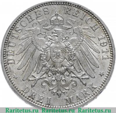 Реверс монеты 3 марки (mark) 1911 года D Луитпольд Германия (Империя)