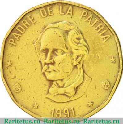 1 песо (peso) 1991 года  регулярный чекан Доминикана