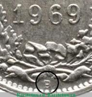 Деталь монеты 1/2 франка (franc) 1969 года B знак монетного двора Швейцария