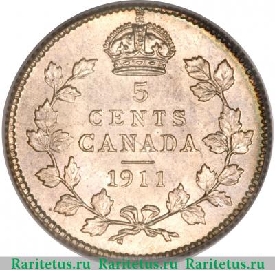 Реверс монеты 5 центов (cents) 1911 года   Канада