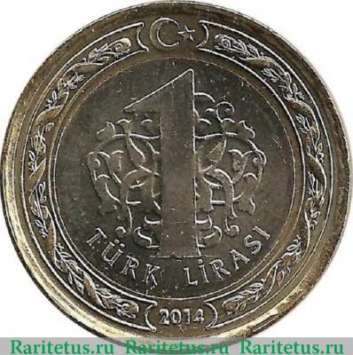 Реверс монеты 1 лира (lirasi) 2014 года   Турция