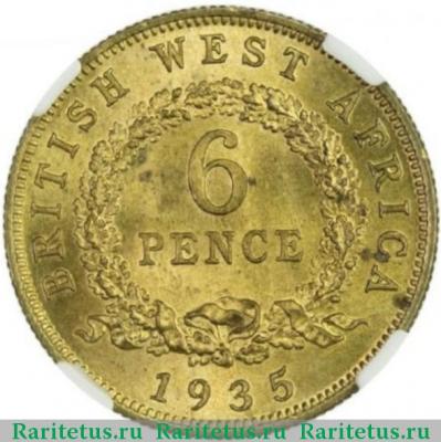 Реверс монеты 6 пенсов (pence) 1935 года   Британская Западная Африка