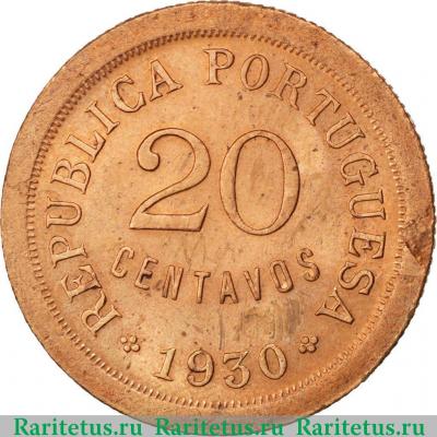 Реверс монеты 20 сентаво (centavos) 1930 года   Кабо-Верде