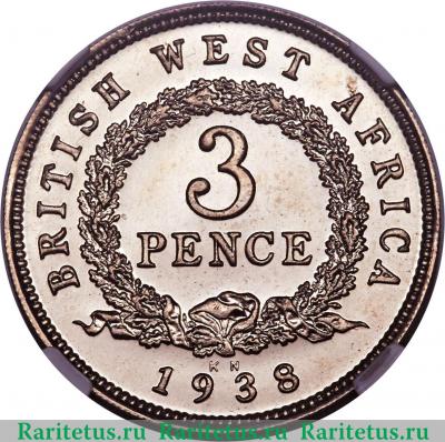 Реверс монеты 3 пенса (pence) 1938 года KN  Британская Западная Африка