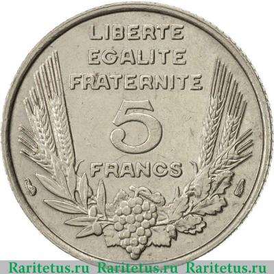 Реверс монеты 5 франков (francs) 1933 года  лицо вправо Франция
