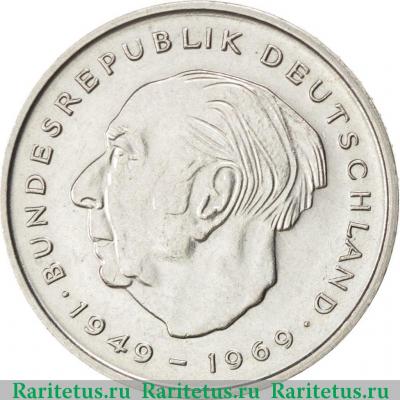 Реверс монеты 2 марки (deutsche mark) 1973 года G  Германия