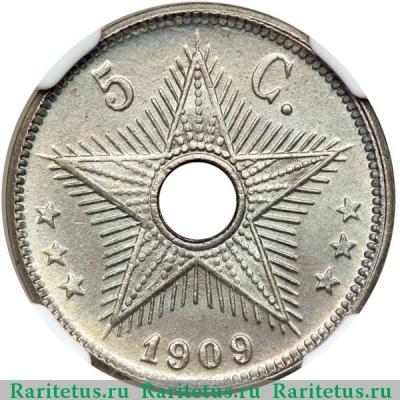 Реверс монеты 5 сантимов (centimes) 1909 года   Бельгийское Конго