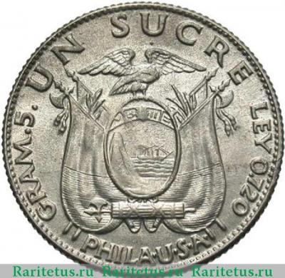 Реверс монеты 1 сукре (sucre) 1934 года   Эквадор