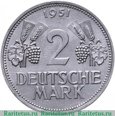 Реверс монеты 2 марки (deutsche mark) 1951 года F  Германия