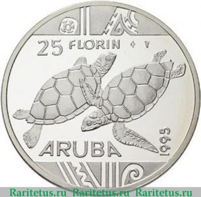 Реверс монеты 25 флоринов (florin) 1995 года  черепахи Аруба proof