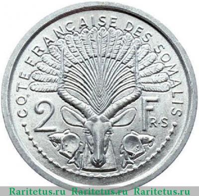 Реверс монеты 2 франка (francs) 1965 года   Французское Сомали