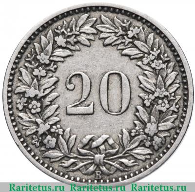 Реверс монеты 20 раппенов (rappen) 1881 года   Швейцария