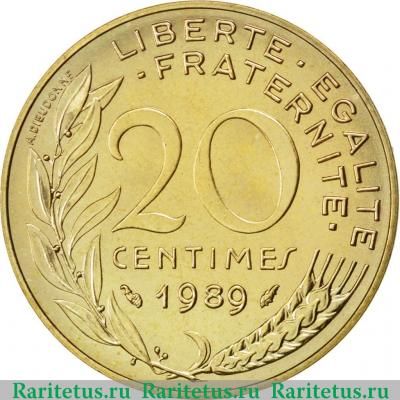 Реверс монеты 20 сантимов (centimes) 1989 года   Франция