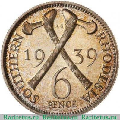 Реверс монеты 6 пенсов (pence) 1939 года   Южная Родезия