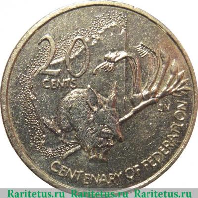 Реверс монеты 20 центов (cents) 2001 года  западные территории Австралия