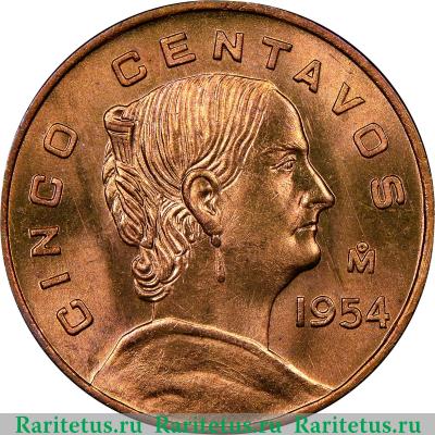 Реверс монеты 5 сентаво (centavos) 1954 года  голова вправо Мексика