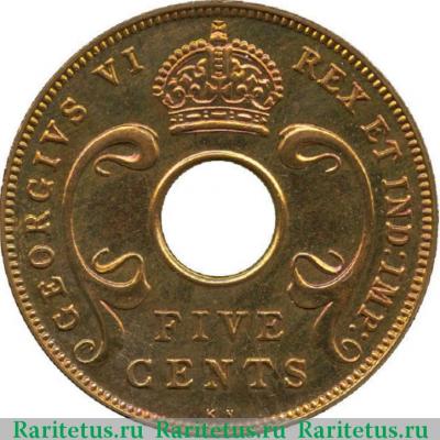 5 центов (cents) 1939 года KN  Британская Восточная Африка