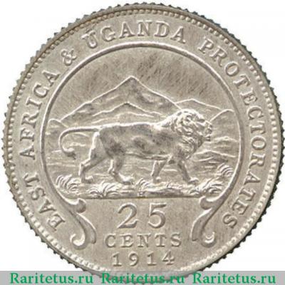 Реверс монеты 25 центов (cents) 1914 года   Британская Восточная Африка