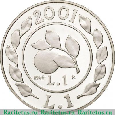 Реверс монеты 1 лира (lira) 2001 года  лира 1946 Италия