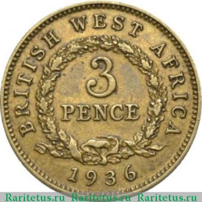 Реверс монеты 3 пенса (pence) 1936 года   Британская Западная Африка