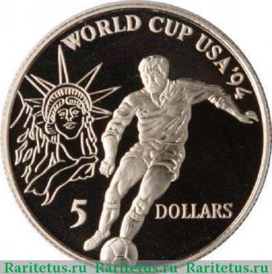 Реверс монеты 5 долларов (dollars) 1991 года  футбол Ниуэ proof