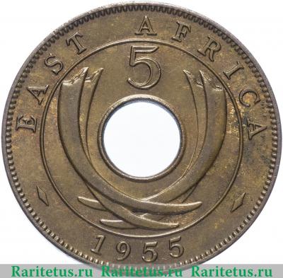 Реверс монеты 5 центов (cents) 1955 года  без букв Британская Восточная Африка