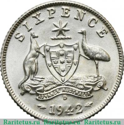 Реверс монеты 6 пенсов (pence) 1942 года D  Австралия